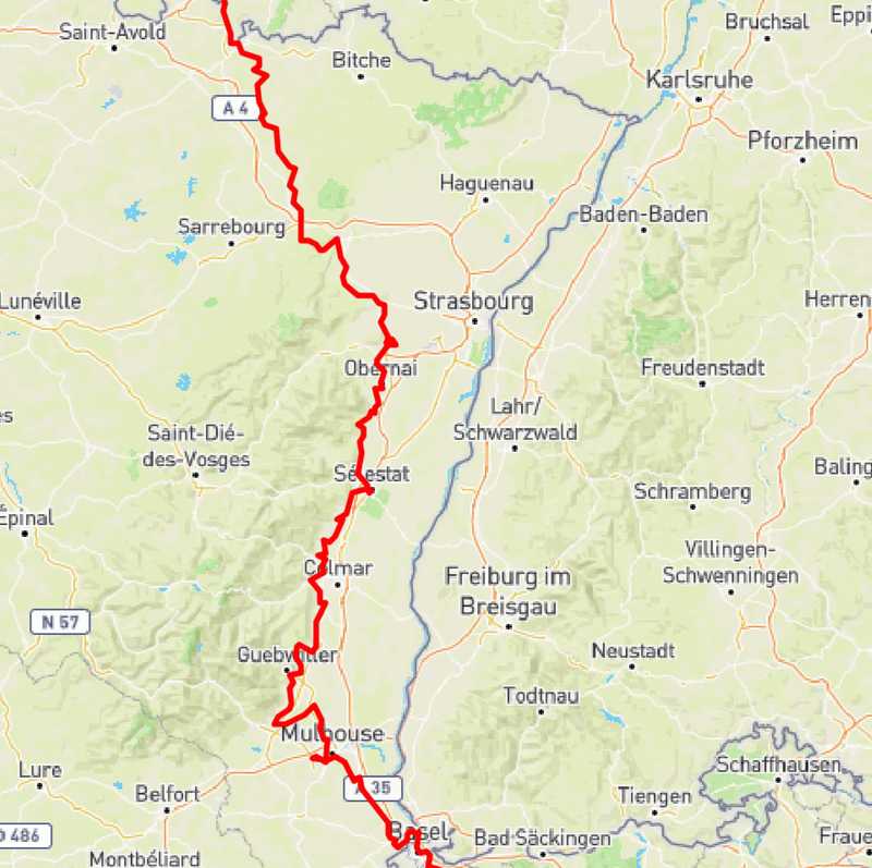 Our route in France, following Eurovelo 5 fairly faithfully between Mulhouse and Molsheim.
