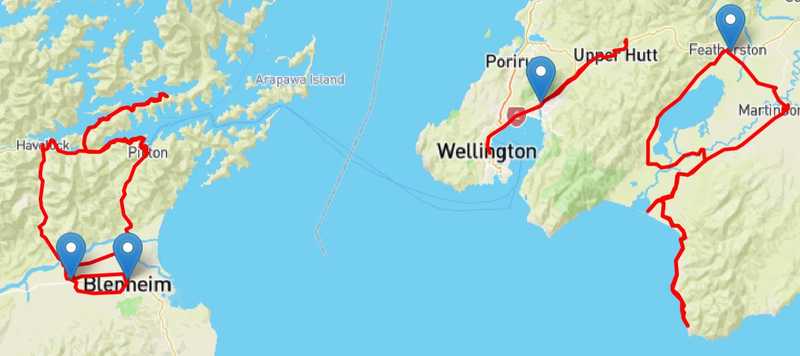 Mini tours in Marlborough and the Wairarapa. We took the train from Upper Hutt to Featherston (but you can ride if you have a mountain bike). Blue markers show where I went running, please ignore!