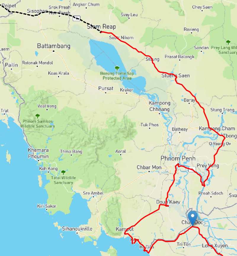 Cycling in red. Bus in black dashed.