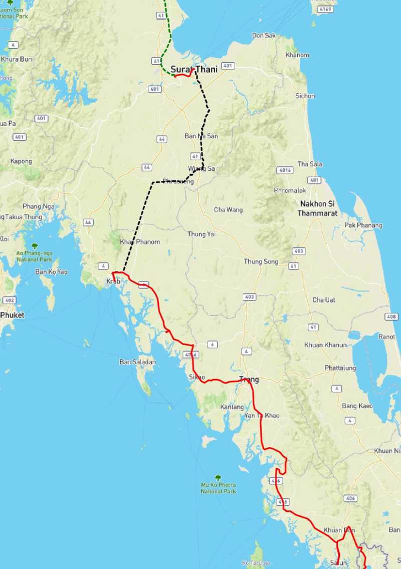 Cycling in red. Train / bus in green / black dashed.