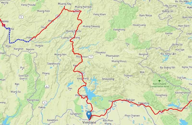 Cycling shown in red. Boat in blue dashed.